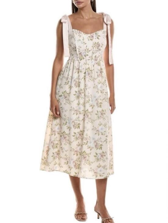 Dresses & Skirts - MINE A-line midi dress with floral print in cream & white,